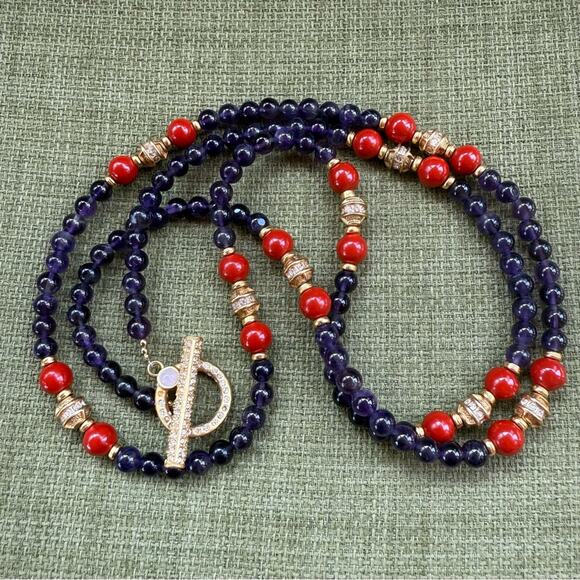 VINTAGE Purple and Red Glass Bead Goldtone necklace with Swarovski Crystals 34" - Picture 5 of 8
